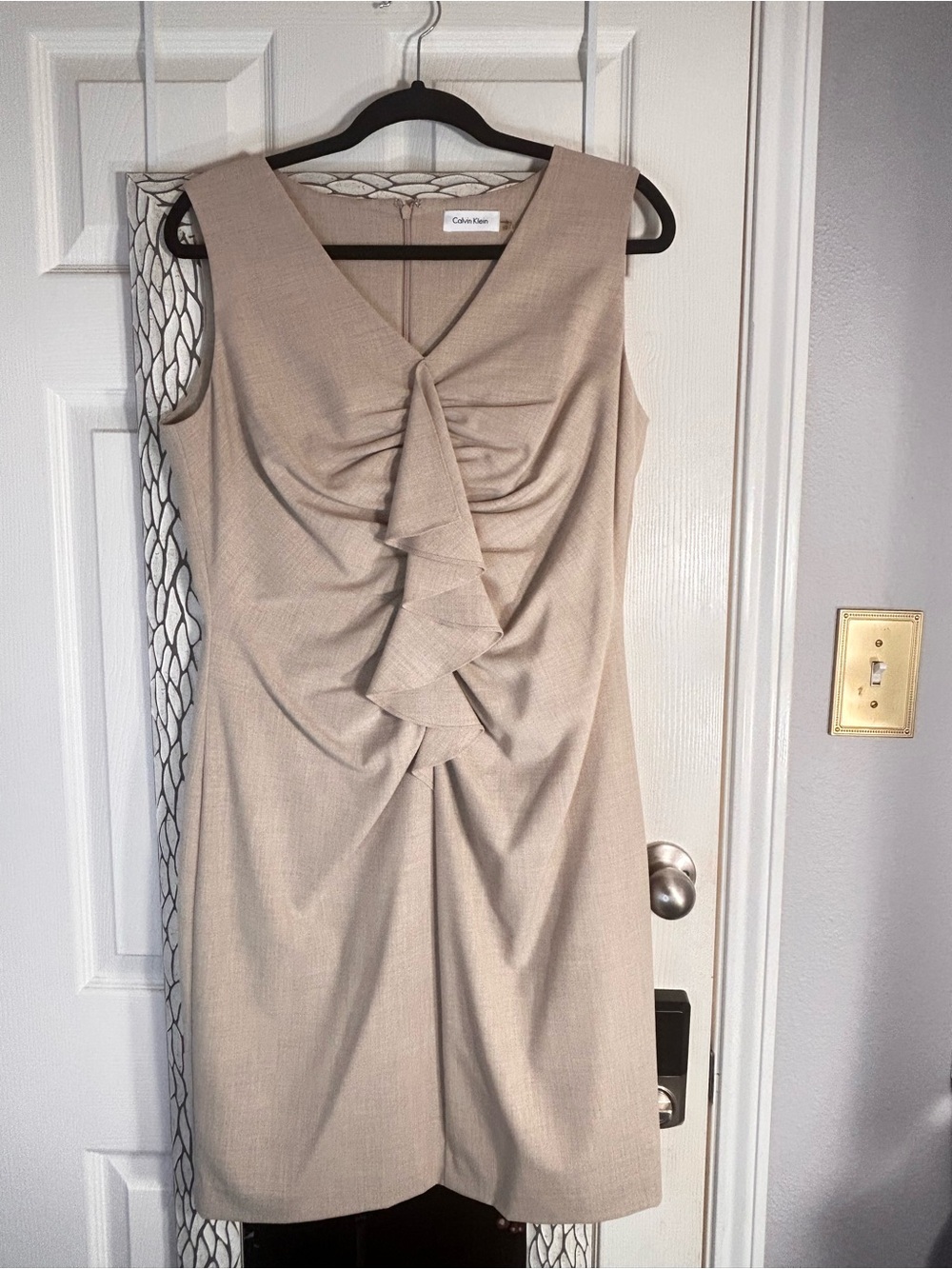 Calvin Klein Sleeveless Taupe V-Neck Ruffle Midi Dress